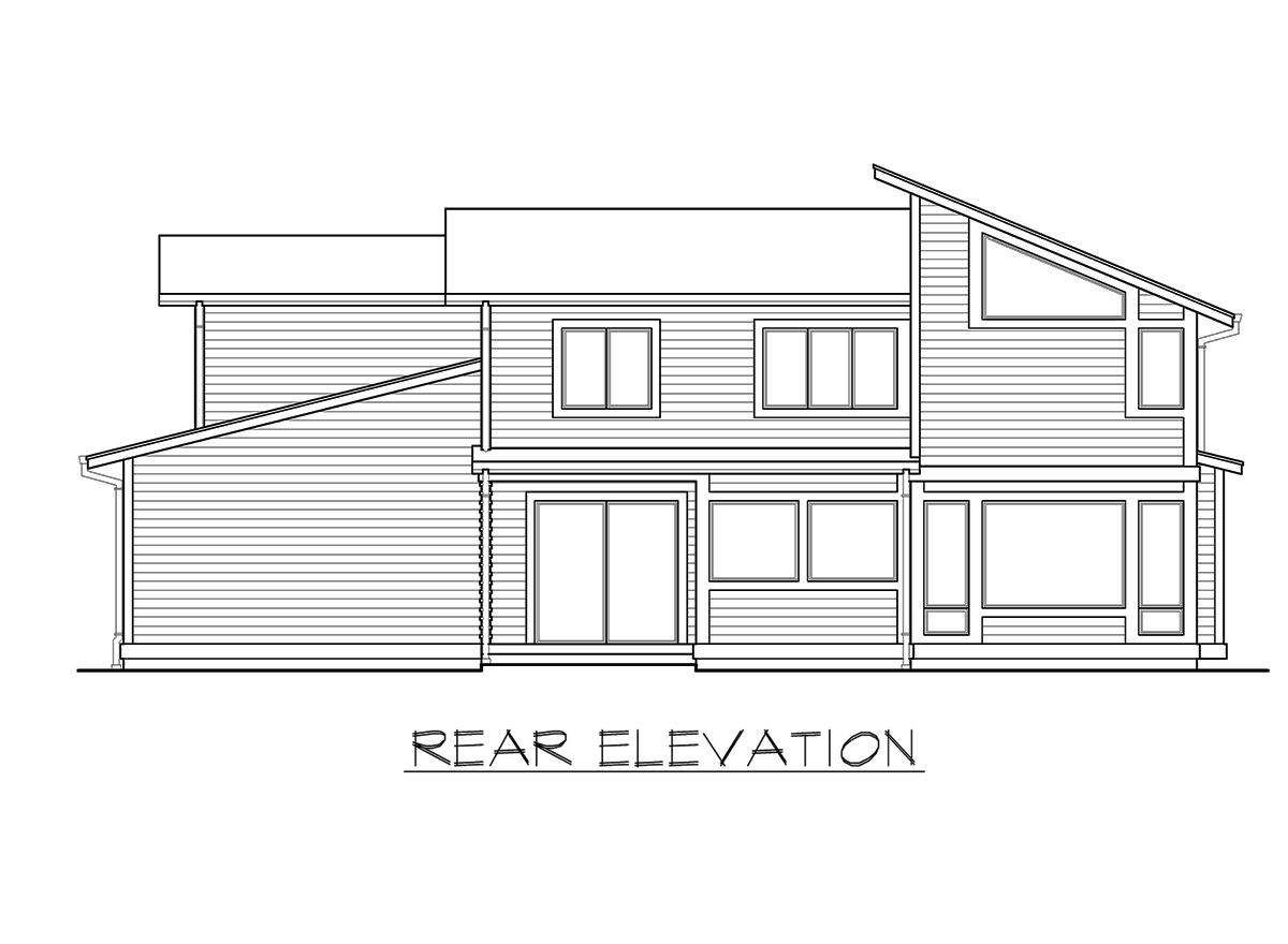 Rear elevation drawing of a two-story house plan with a sloped roofline and multiple windows.