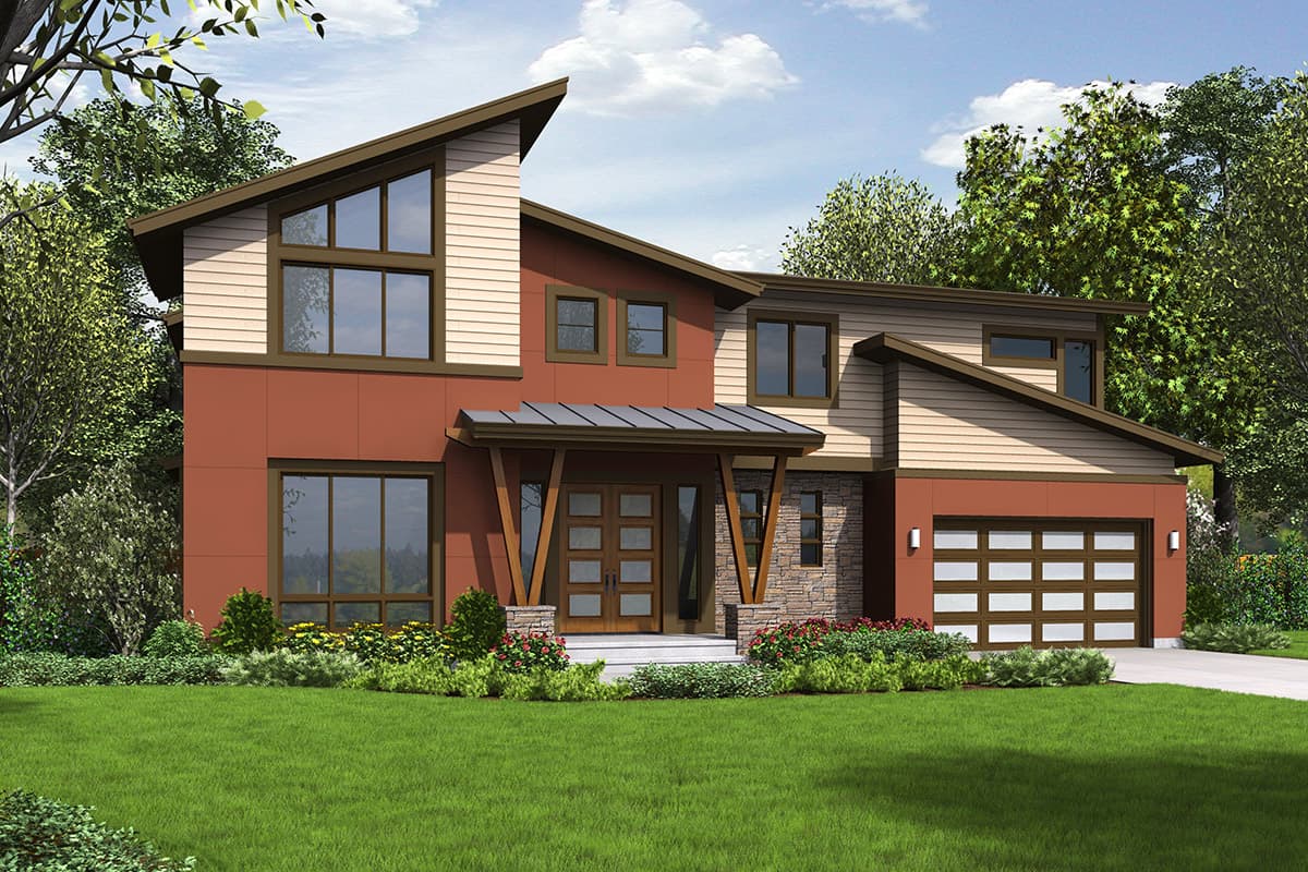 Modern house plan exterior with asymmetrical gables, large windows, covered entry with stone accents, and a two-car garage.