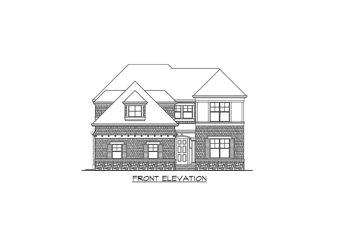 Front elevation drawing of a two-story house with varied rooflines, dormer, and stone and shingle exterior.