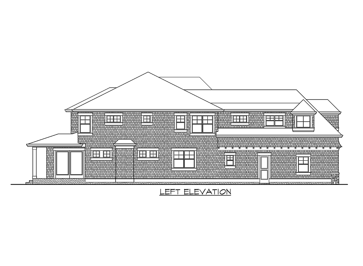 Left elevation house plan with shingle siding, multiple gables, dormers, and a covered entrance.