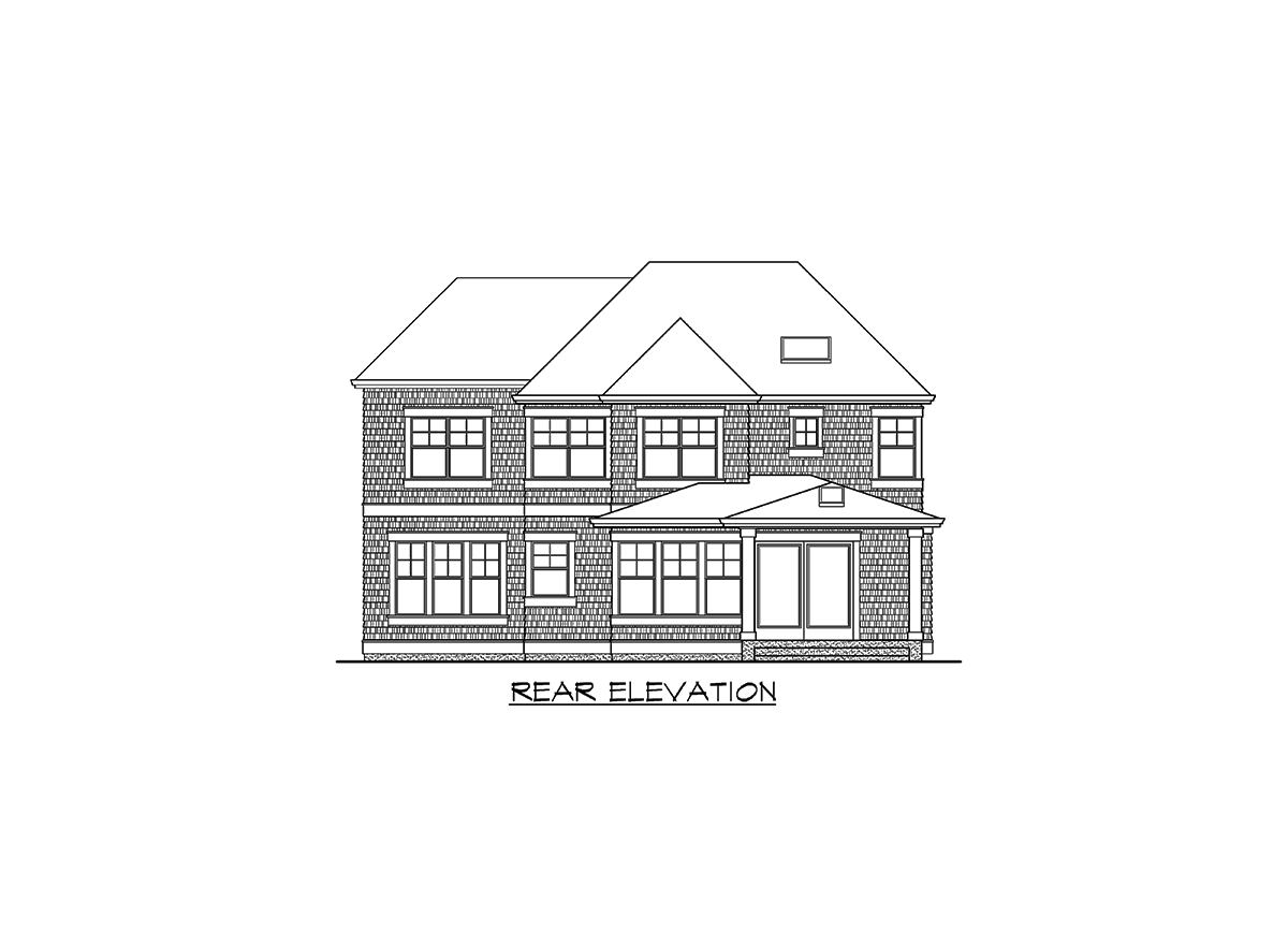 Rear elevation house plan drawing shows a two-story home with shingle siding, multiple gables, dormer window, and covered porch with double doors.