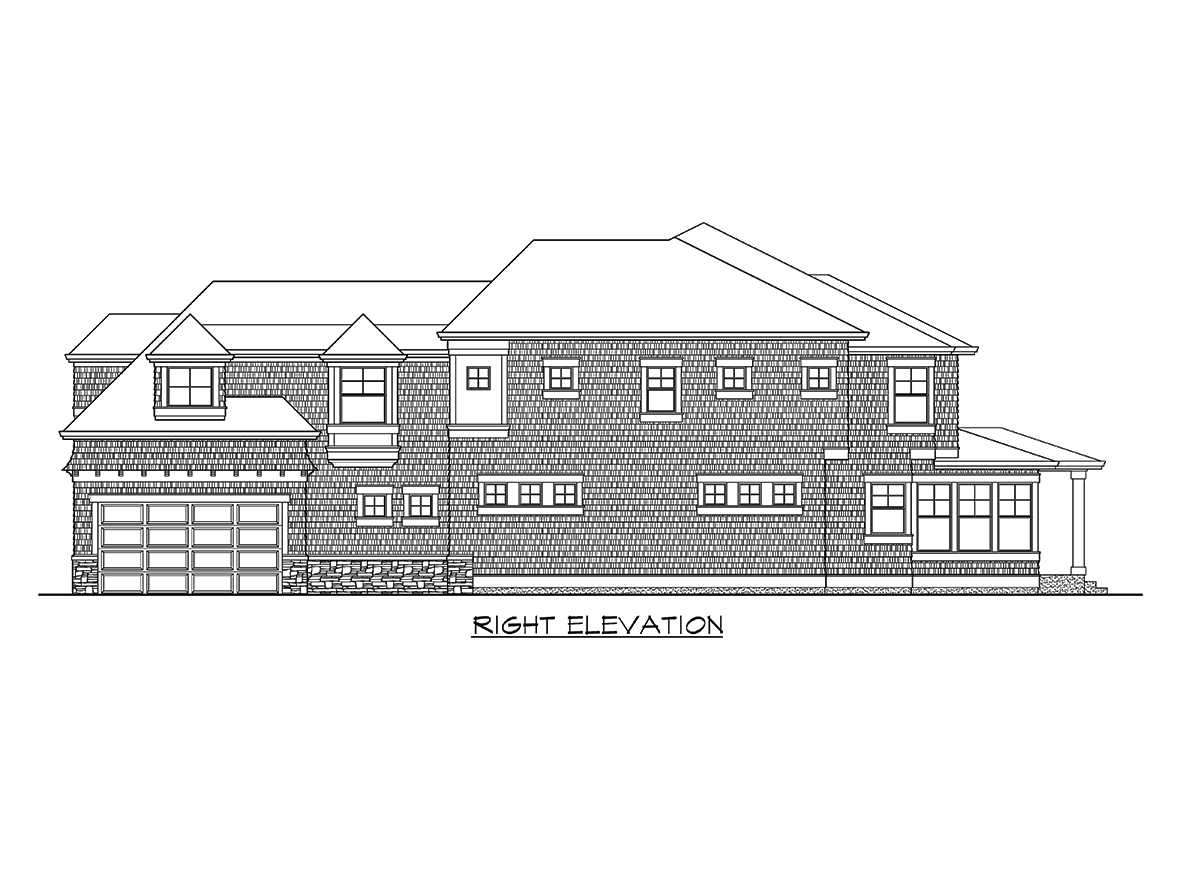 Right elevation drawing of a multi-story house plan featuring a side-entry garage, dormers, and shingle siding.