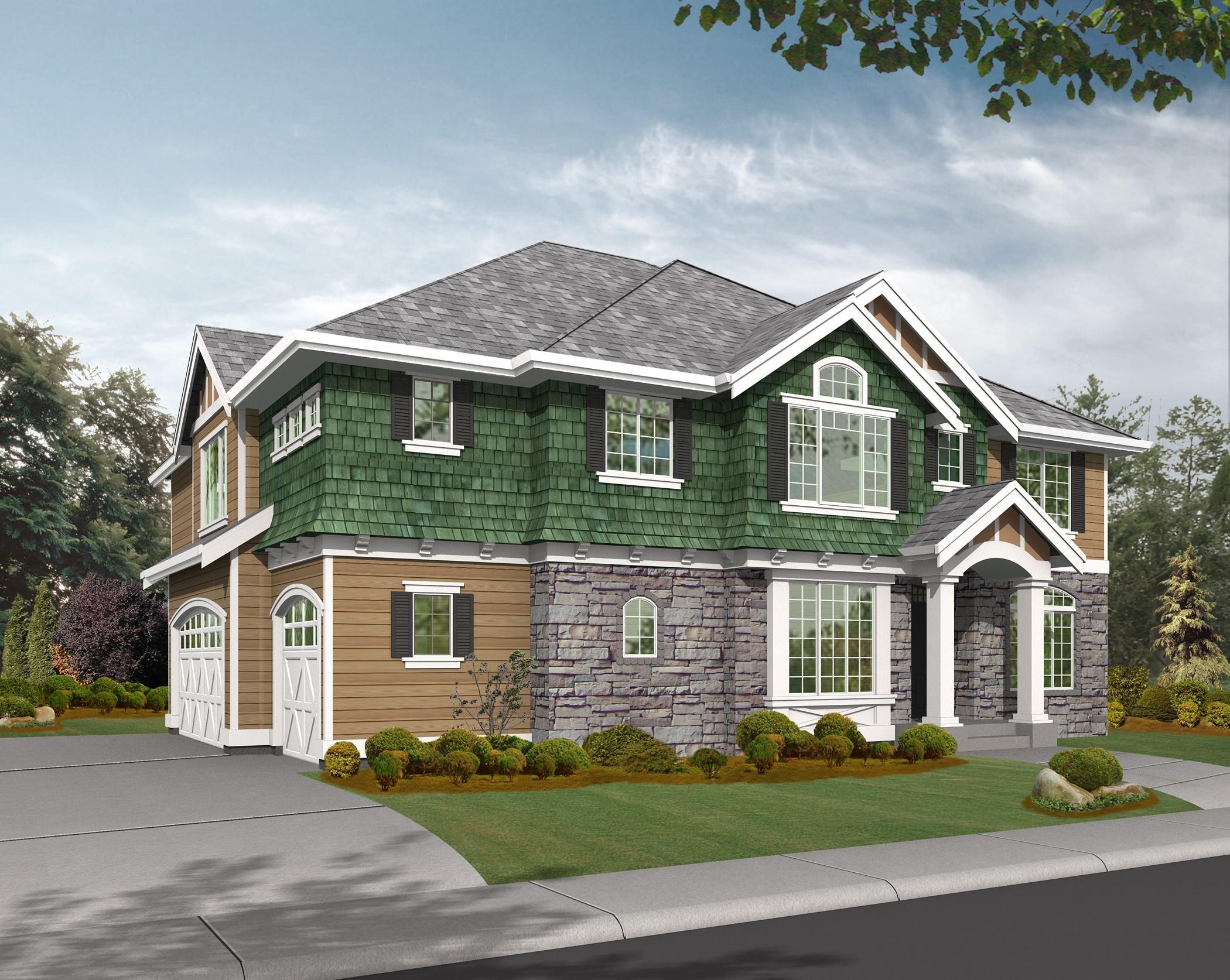 House plan exterior: Two-story home with green shingle siding, stone base, covered entry with columns, and a side-facing garage.