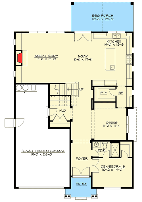 Plan 23581JD: Stylish Craftsman with Five Bedrooms - Floor Plan - Main Level - Craftsman, Northwest