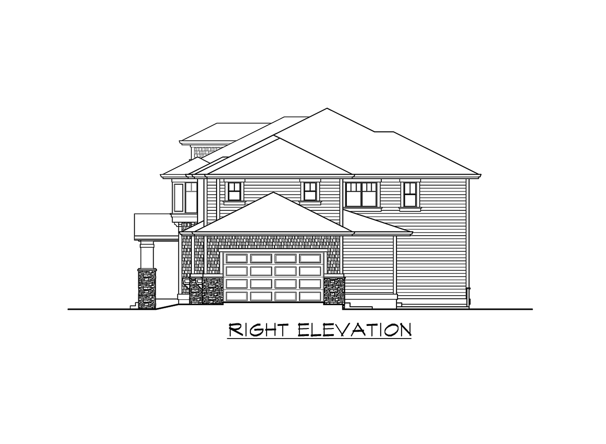 Right elevation drawing of a two-story house plan featuring a two-car garage, multiple gables, and dormers.