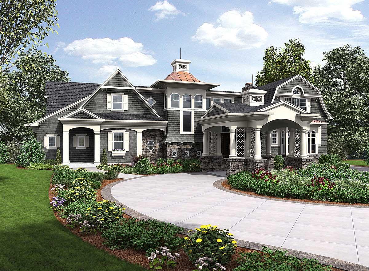 House plan exterior showing a multi-story home with gables, dormers, a cupola, and a covered entrance with stone columns.