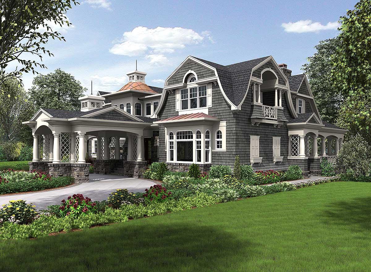 House plan exterior: two-story Victorian home with gambrel roof, cupola, arched windows, wrap-around porch, and porte-cochère.