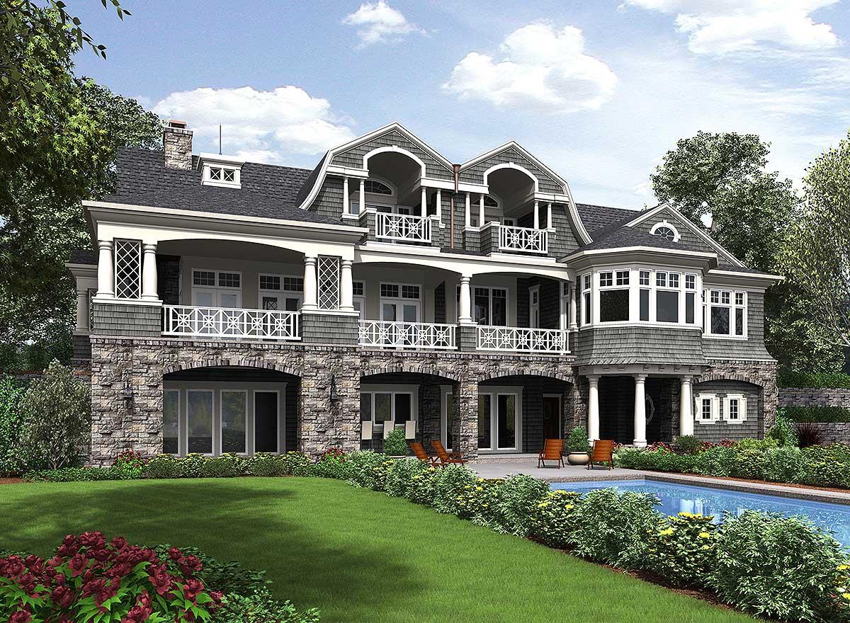 House plan exterior, two-story home with stone base, arcaded ground level, multiple balconies, arched gables, and a bay window.