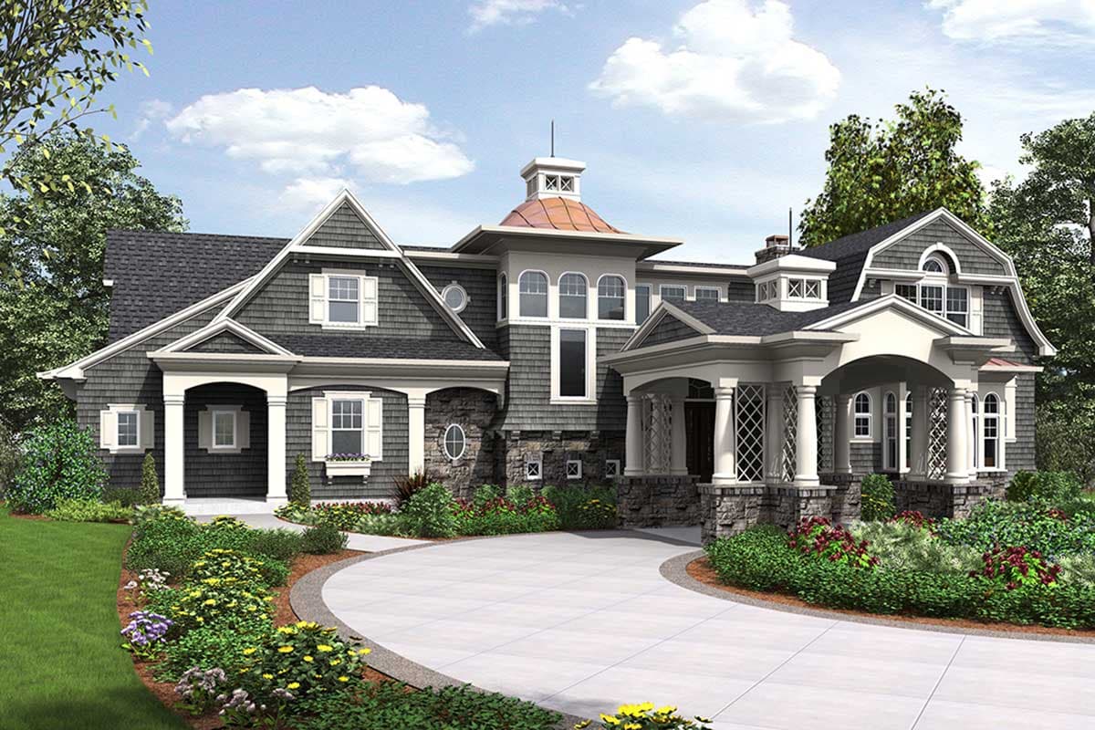 House plan exterior shows a multi-story home with gabled dormers, stone accents, a central cupola, and a wraparound porch.