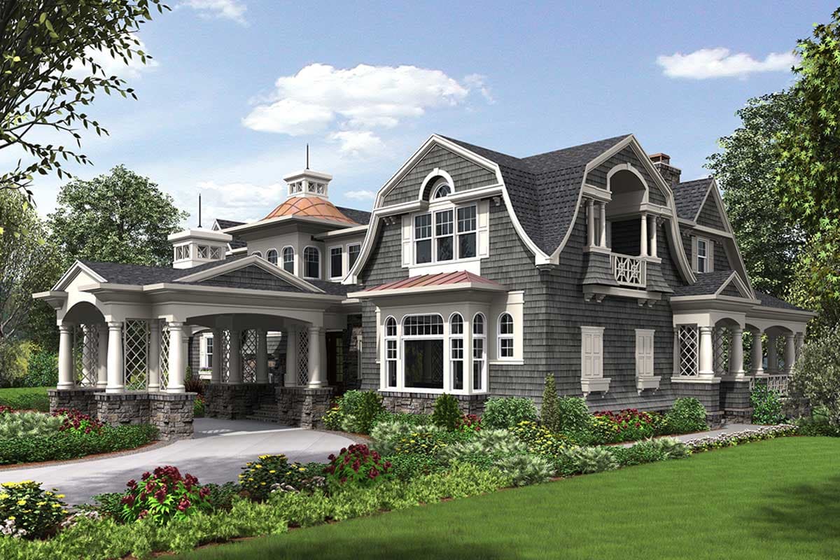 House plan exterior featuring a gambrel roofline, covered porte-cochère with columns, cupola, and dormer windows.