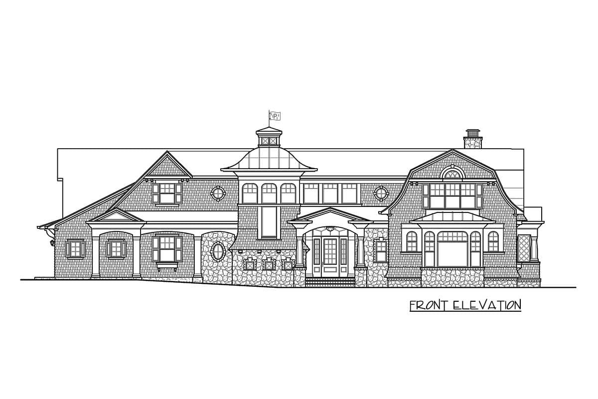 Front elevation drawing of a multi-story house with varied rooflines, dormers, stone accents, and a central cupola.