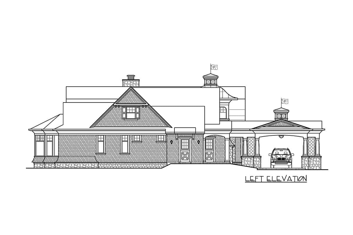 Left elevation house plan with dormer, stone base, porte-cochere, and detached garage.