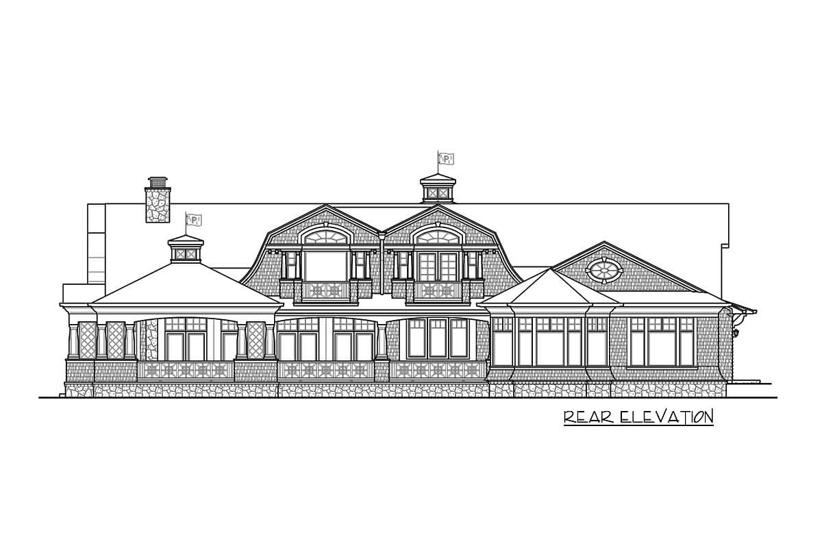 Rear elevation drawing of a house plan featuring dormer windows, gambrel rooflines, a covered porch, and a stone foundation.