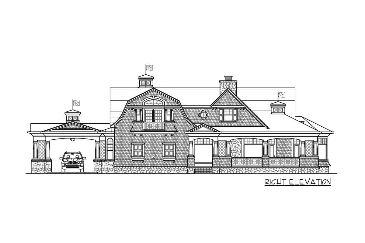 Right elevation drawing of a house plan featuring a mansard roof, covered porch, and detached porte-cochère with a car.