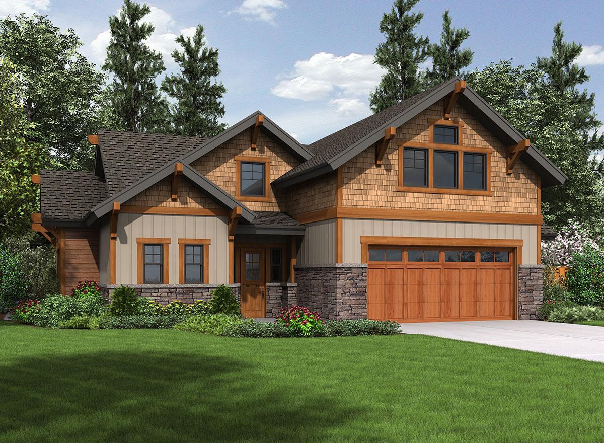 House plan exterior: Craftsman style, two stories, stone foundation, wood shake siding, large gabled dormers, and a two-car garage.