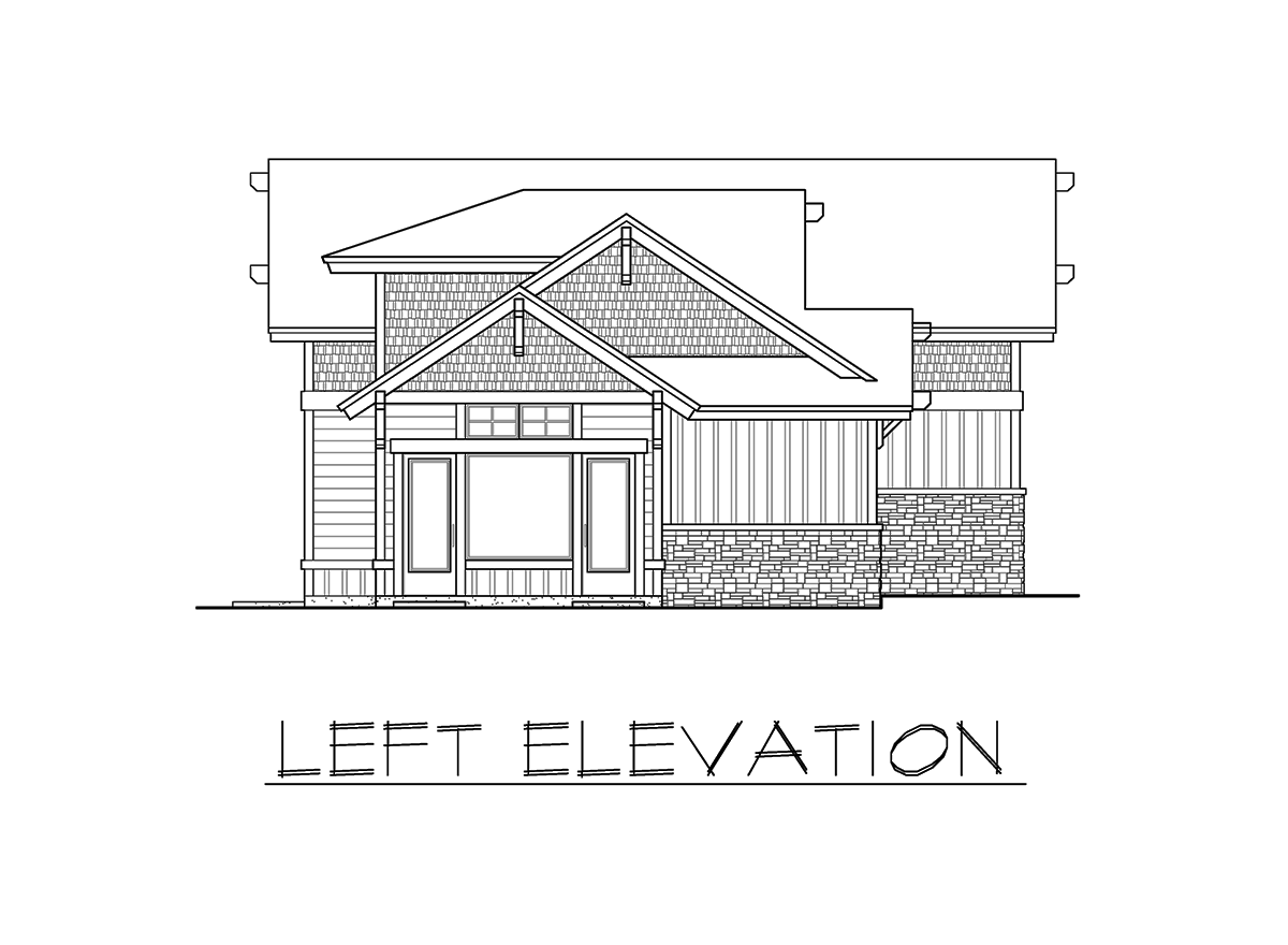 Left elevation house plan with shingle siding, stone accents, covered entry, and layered rooflines.