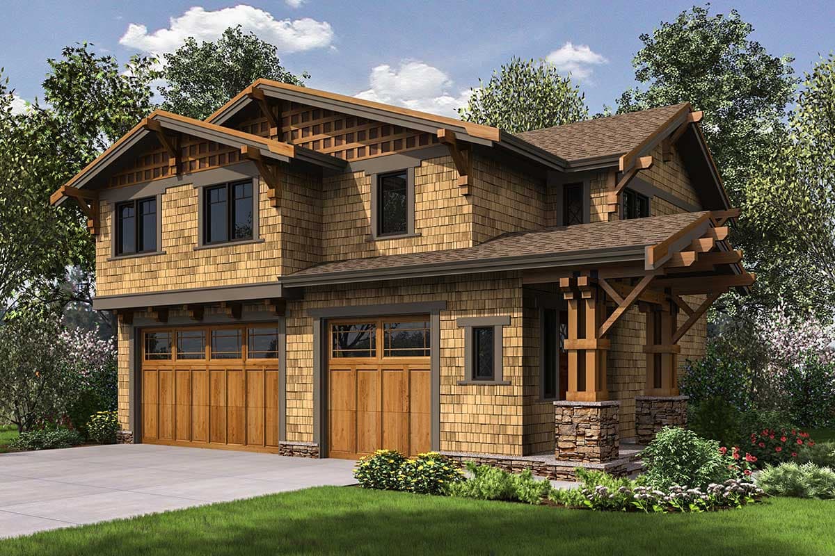 Craftsman style house plan exterior with cedar shingles, multiple gables, exposed rafter tails, and a three-car garage.