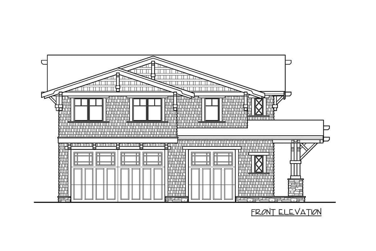 Front elevation house plan drawing. Craftsman style, two stories, with three garage doors and a covered entryway with stone support.