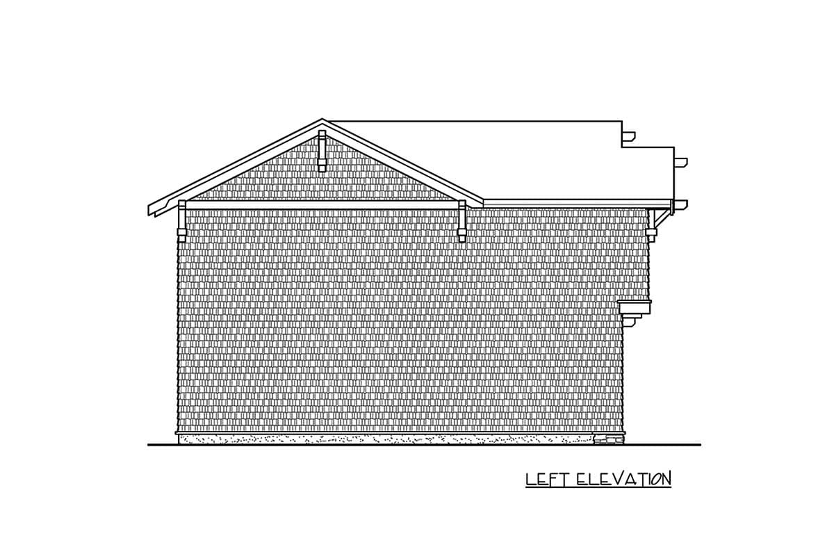 Floor plan drawing of the left elevation showing a steeply pitched roof with gables and shingle siding.