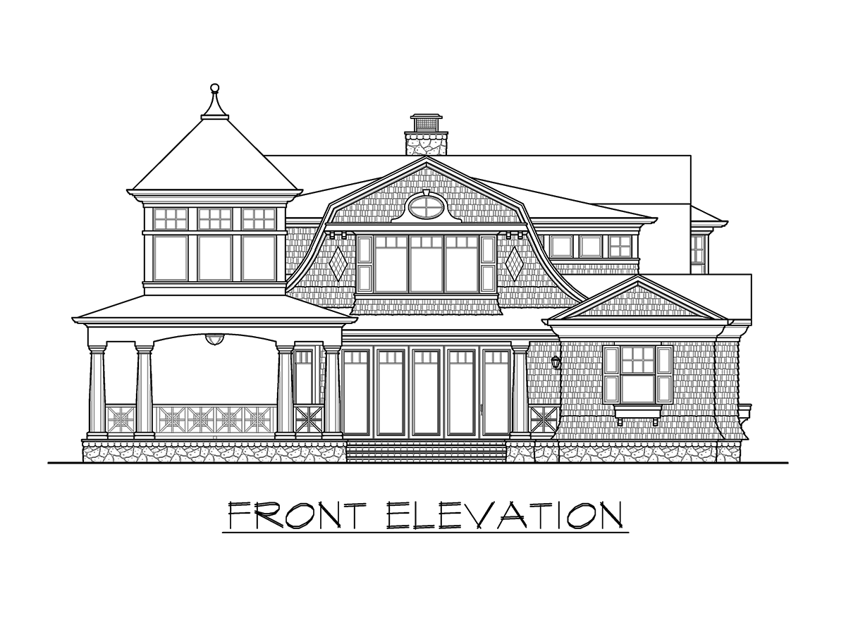 Front elevation drawing of a house with a prominent turret, shingled dormers, gambrel roof, and covered porch with decorative railing.