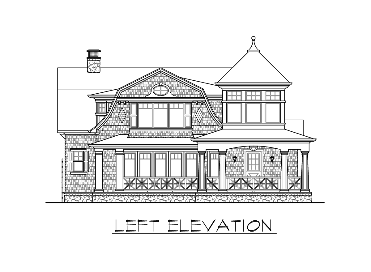 Left elevation drawing of a shingled house plan with a prominent turret, gambrel roof, and wrap-around porch.