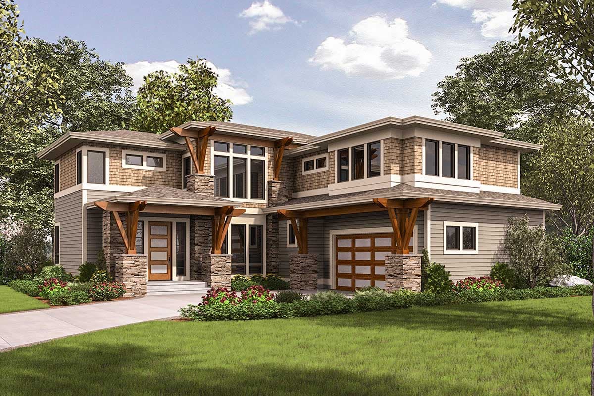 House plan exterior. Two-story Modern house with a porch, timber frame accents, and a front-entry garage. Features shake siding and stone columns.
