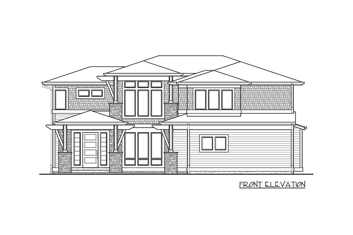 Front elevation drawing of a two-story house with a covered entry, multiple gables, stone accents, and horizontal siding.
