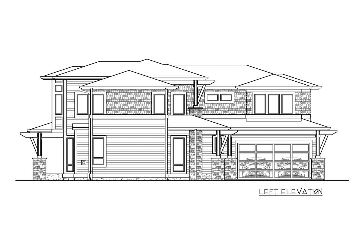 Left elevation house plan: two-story with hip roof, gables, stone accents, and a three-car garage.