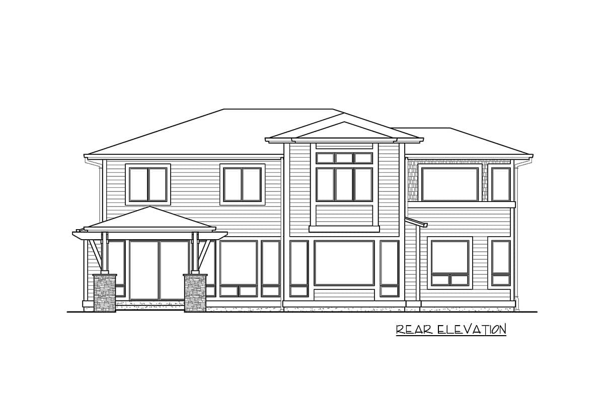 Rear elevation house plan showing a two-story home with a covered porch supported by stone columns, multiple windows, and gabled rooflines.