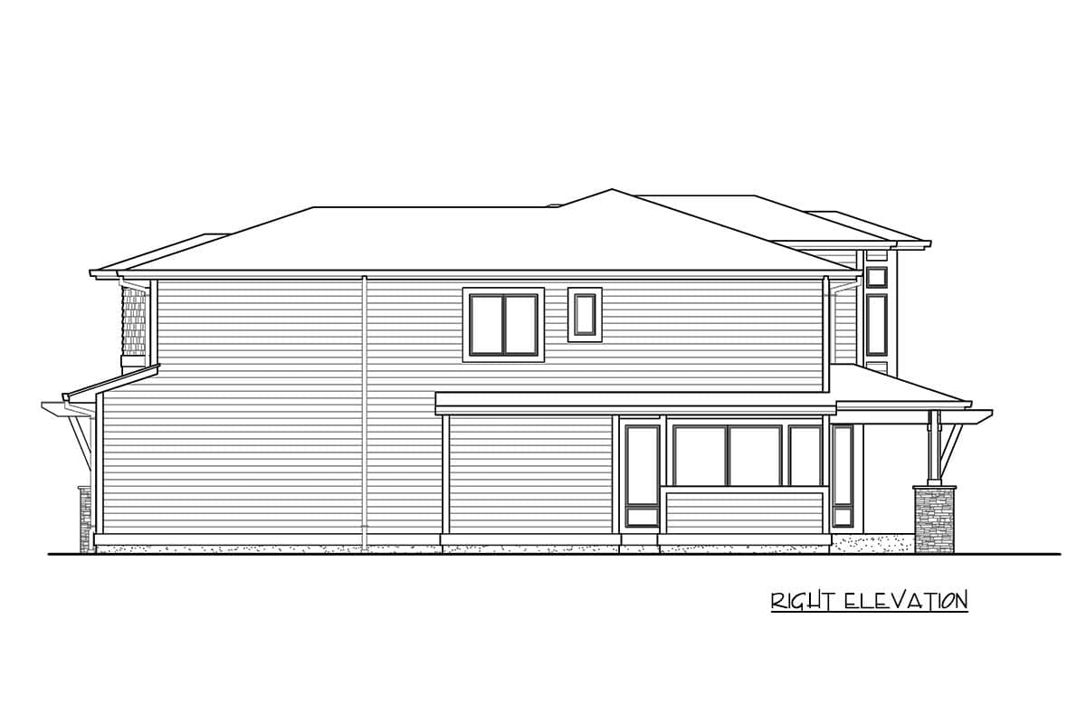 Right elevation house plan drawing of a two-story house with horizontal siding, a covered porch, and stone columns.