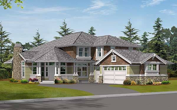 House plan exterior: Two-story home with stone chimney, covered front porch, multiple gables, and a two-car garage.