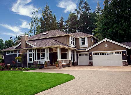 House plan exterior featuring a wraparound porch, multiple gables, and a three-car garage.