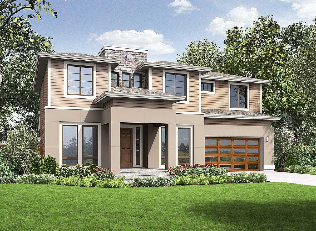 Modern house plan exterior with two stories, a covered entry, a stone chimney, and a multi-panel wood garage door.