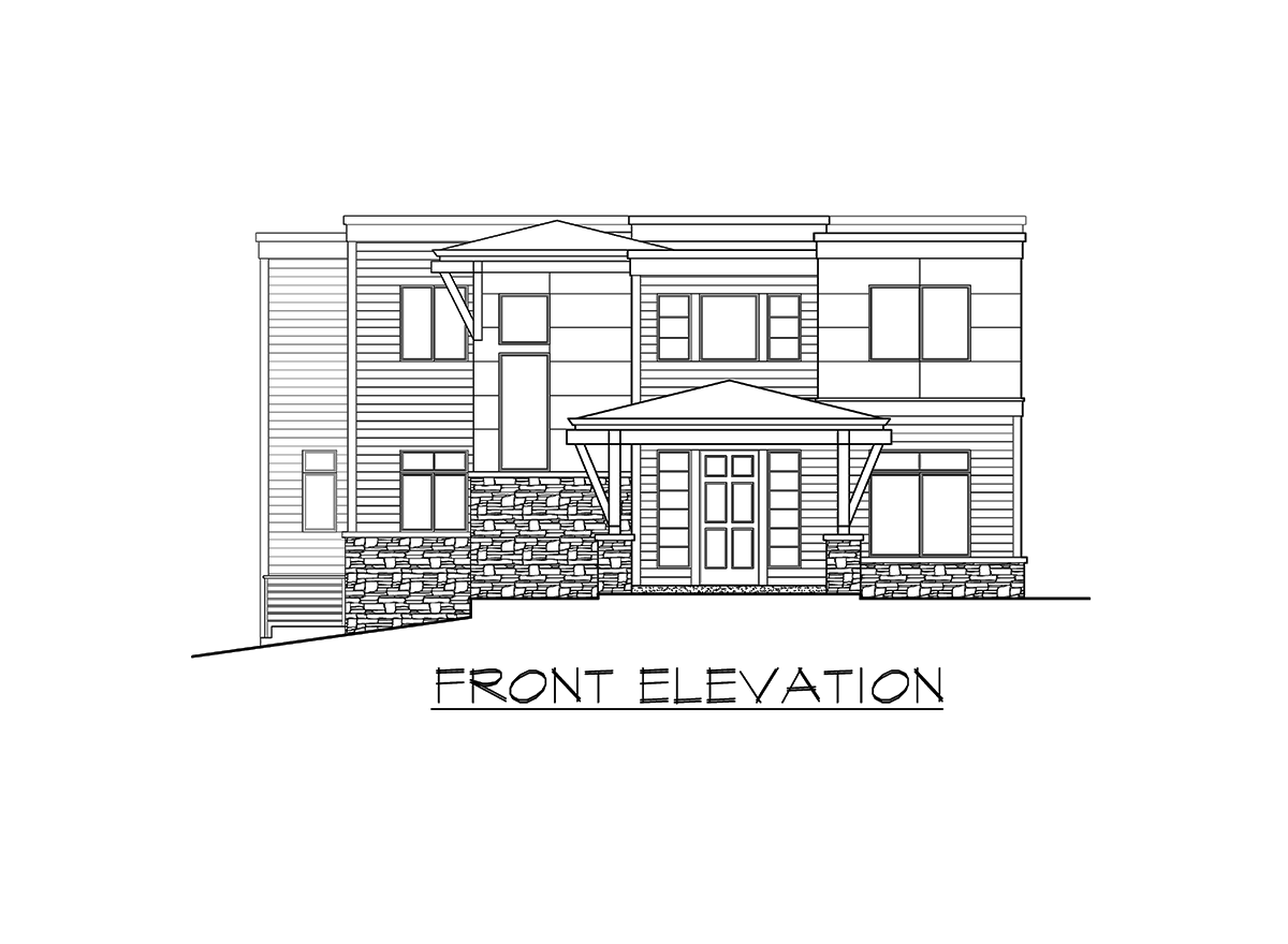 Front elevation drawing of a two-story house with horizontal siding, stone wainscoting, and a covered entry porch with wood supports.