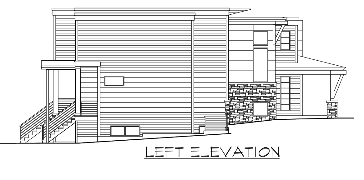 Left elevation drawing of a modern house with a covered porch, stone base, and horizontal siding.