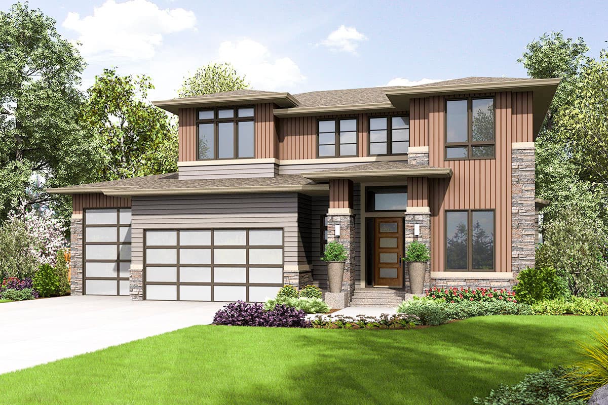 Modern house plan exterior with a three-car garage, mixed siding and stone, and a prominent covered entry.