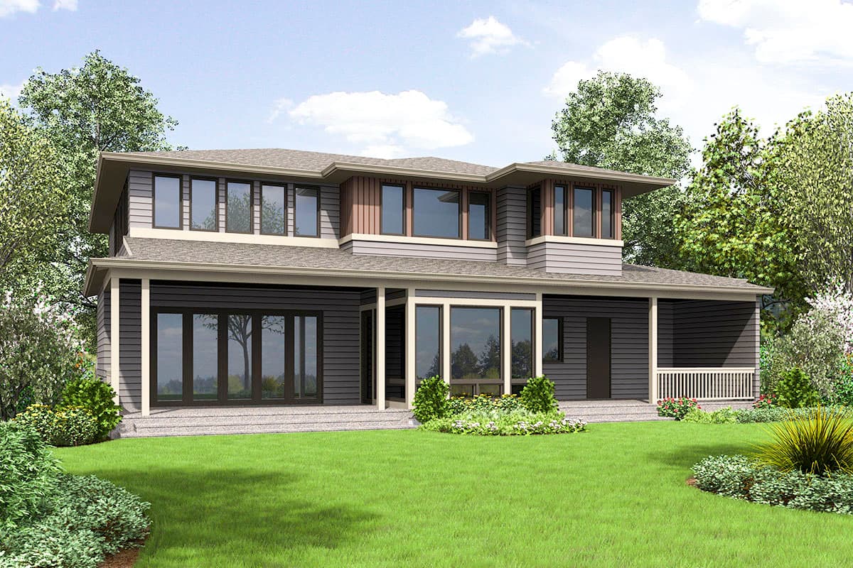 Modern house plan exterior, two stories, with wraparound porch, large windows, and stacked siding.