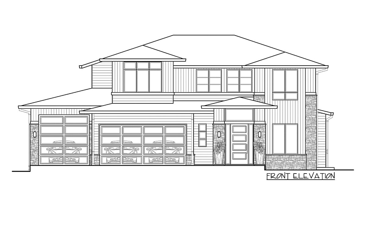 Front elevation drawing of a two-story house with a hip roof, two garage doors, and stone accents.