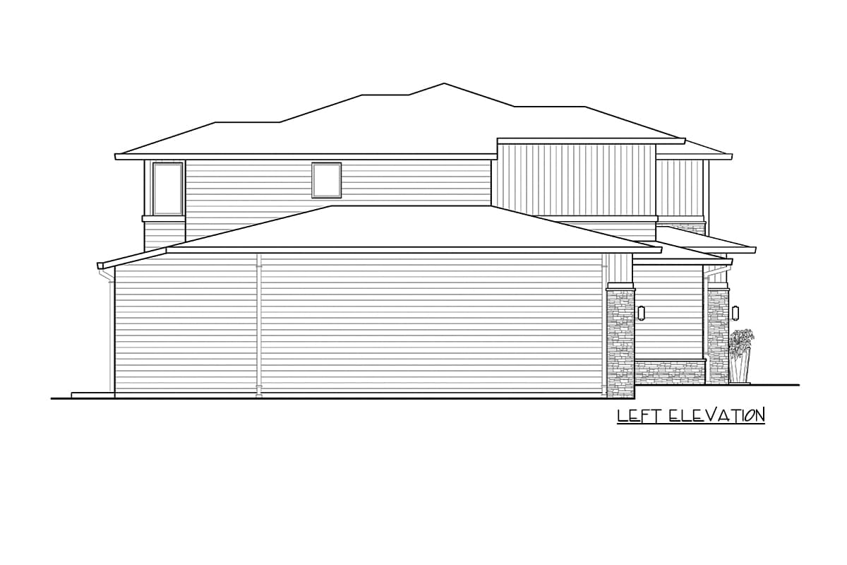 Left elevation drawing of a two-story house plan featuring horizontal siding, multi-level rooflines, and stone accents on porch columns.