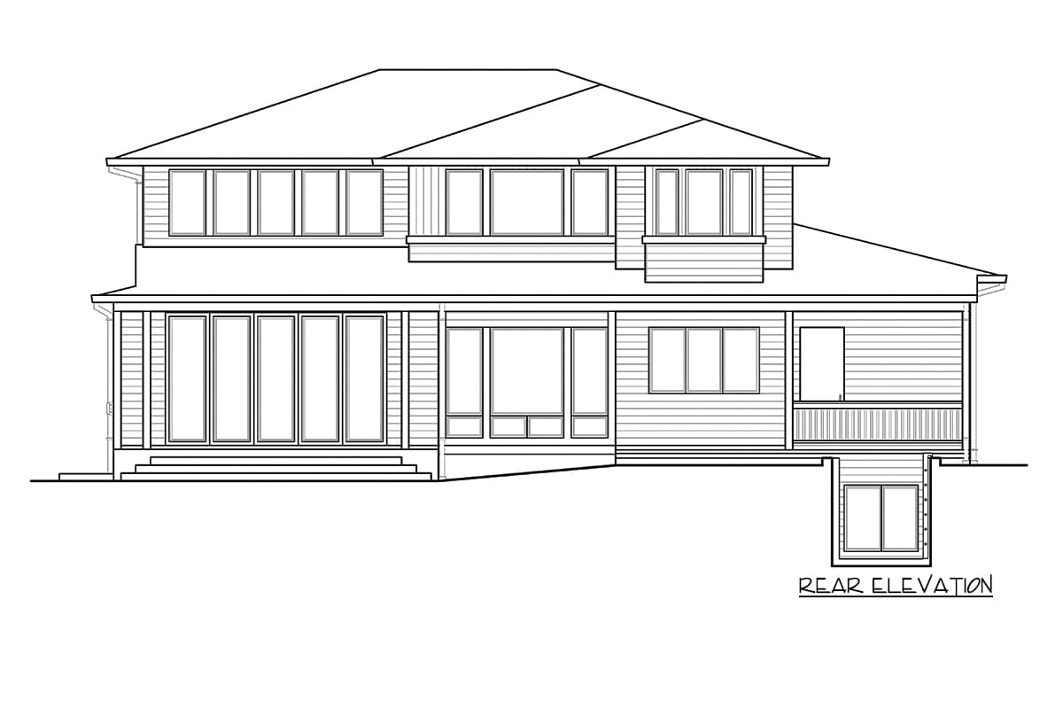 Rear elevation house plan with multiple windows, a covered porch, and a basement window.