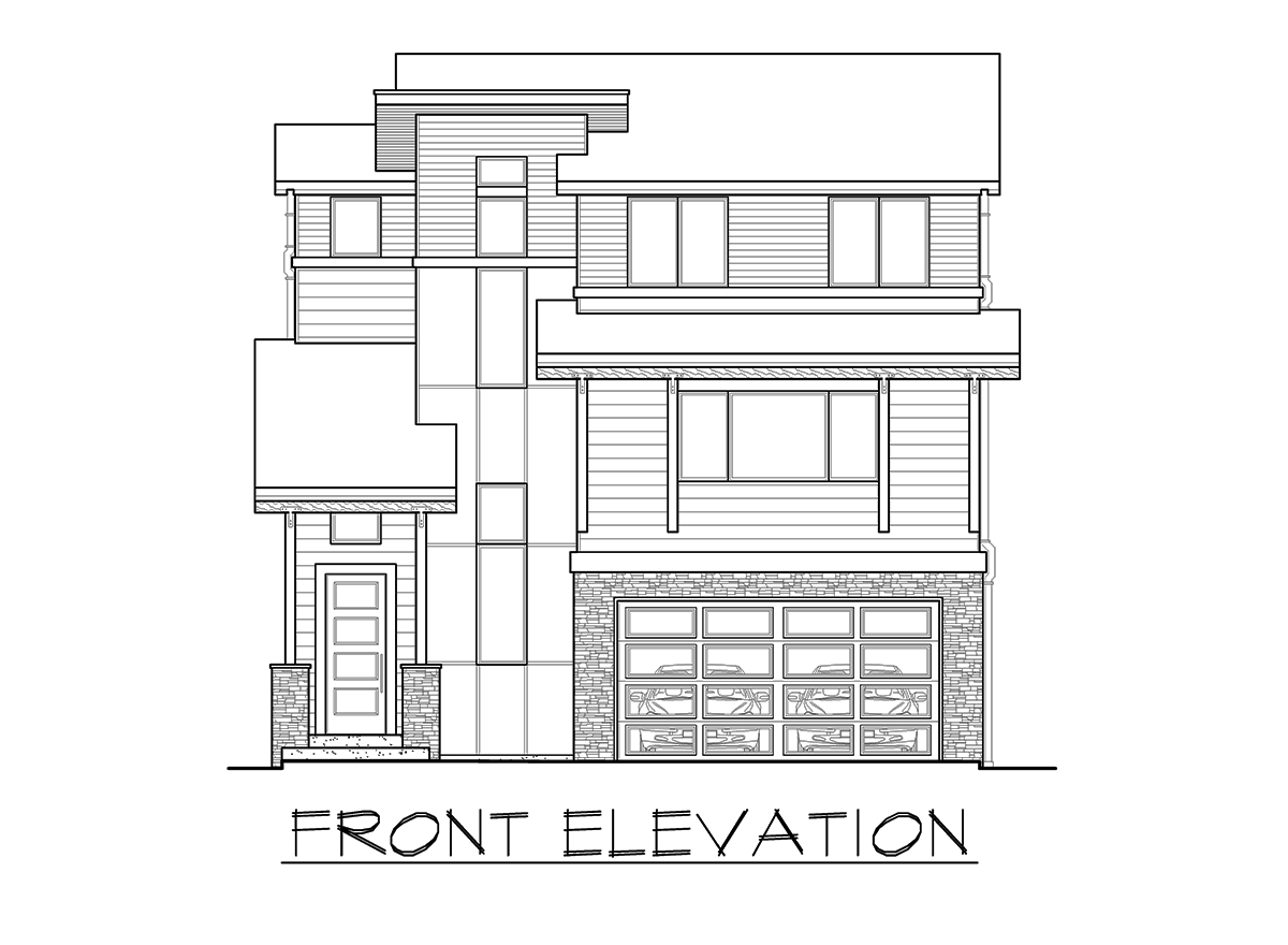 Front elevation drawing of a modern house with a multi-story design, featuring a covered porch, multiple gables, and a double garage.
