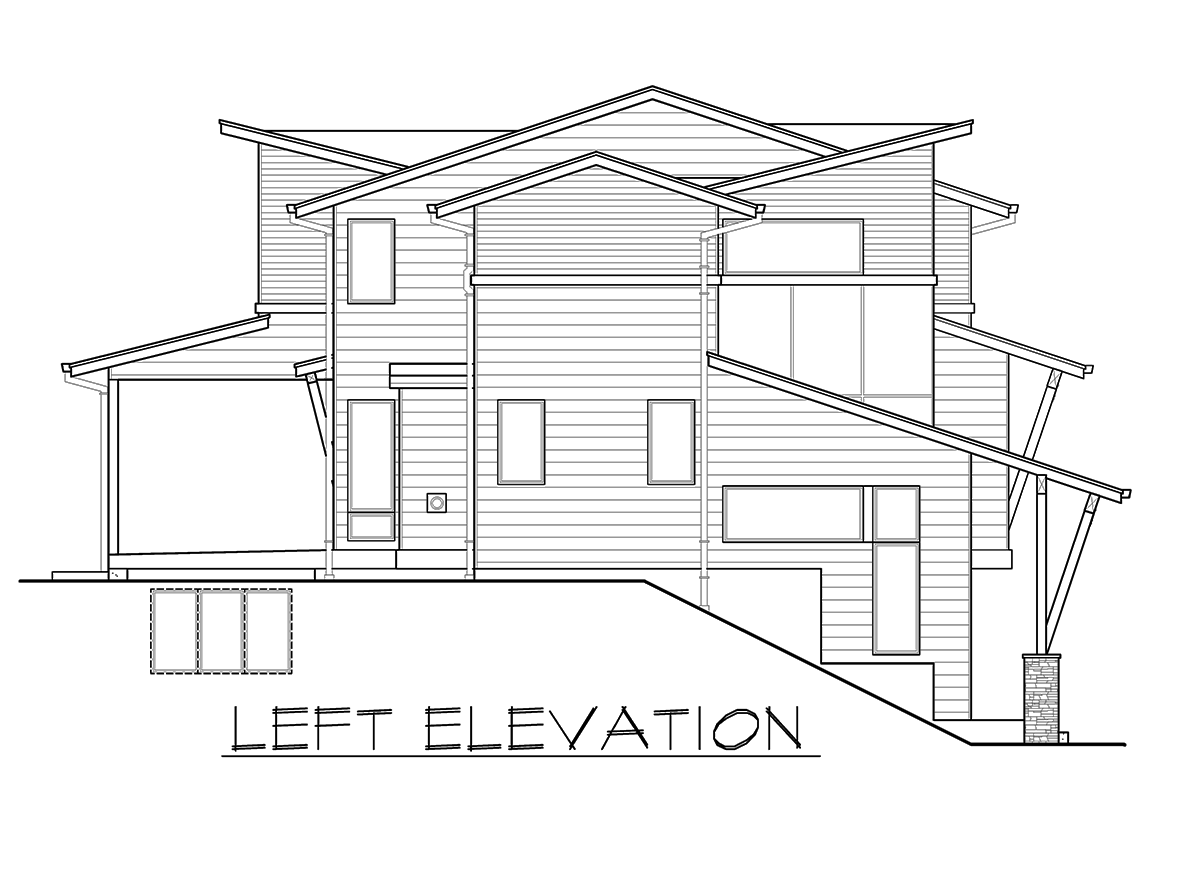 Left elevation drawing of a multi-story house with multiple gables, cantilevered rooflines, and a covered porch.