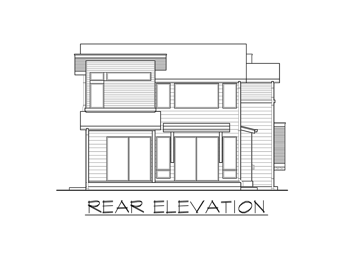 Rear elevation drawing of a two-story modern house with horizontal siding, large windows, and a flat roof.