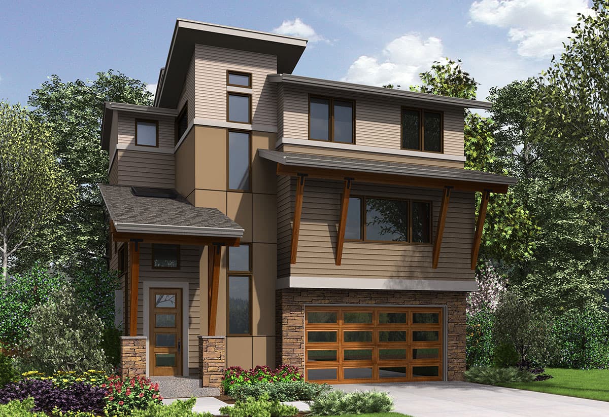 Modern house plan exterior with stone base, horizontal siding, cantilevered upper floors, and glass garage door.