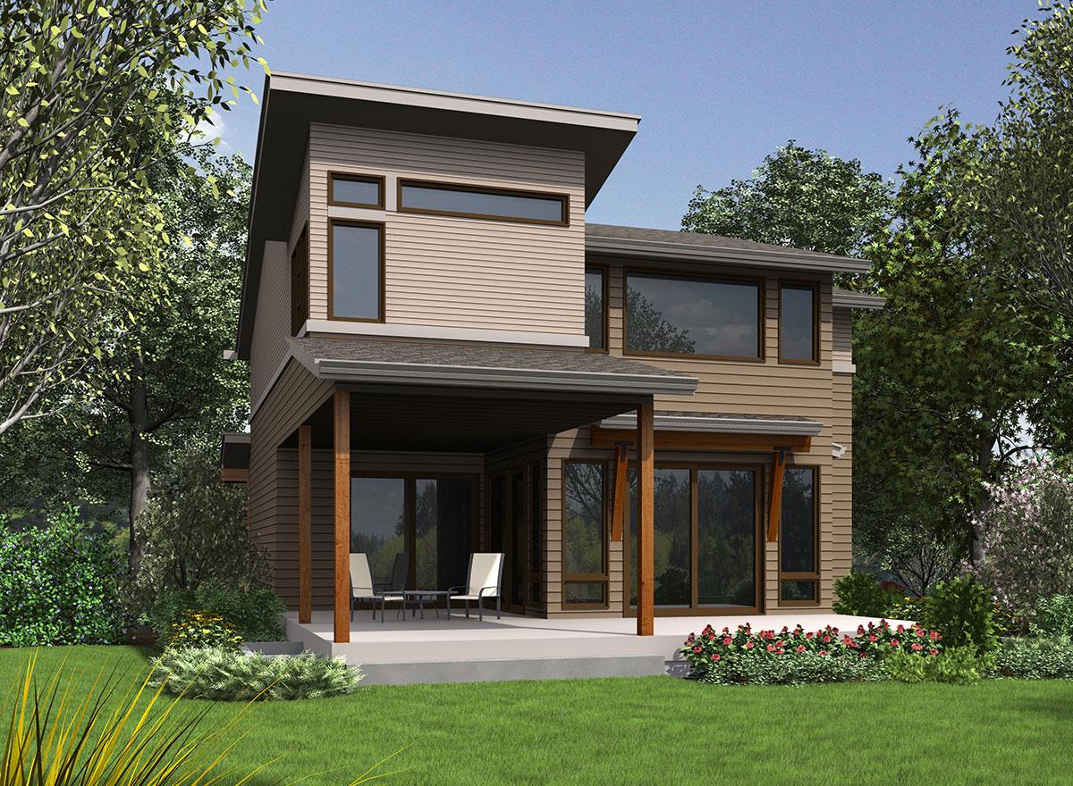 Modern house plan exterior, two stories, with covered porch, horizontal siding, and large windows.