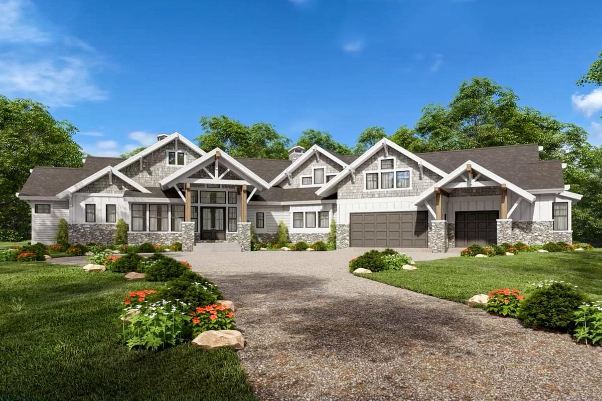 House plan exterior. Craftsman style, single-story home with gabled roof, stone accents, and front porch with exposed beams. Two-car garage.