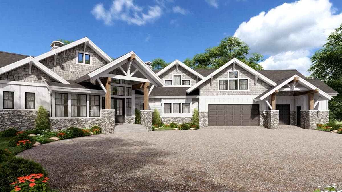 Modern Farmhouse house plan exterior with stone accents, multiple gables, covered entry, and a three-car garage.