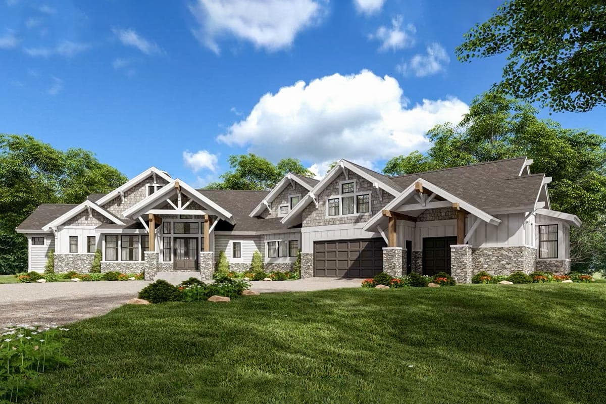 House plan exterior, Modern Farmhouse style, 2 stories, prominent gables, stone accents, and a covered entry.