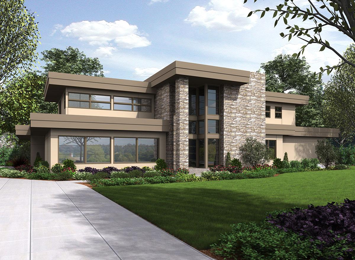Modern house plan exterior with stone accents, cantilevered rooflines, and stacked windows.
