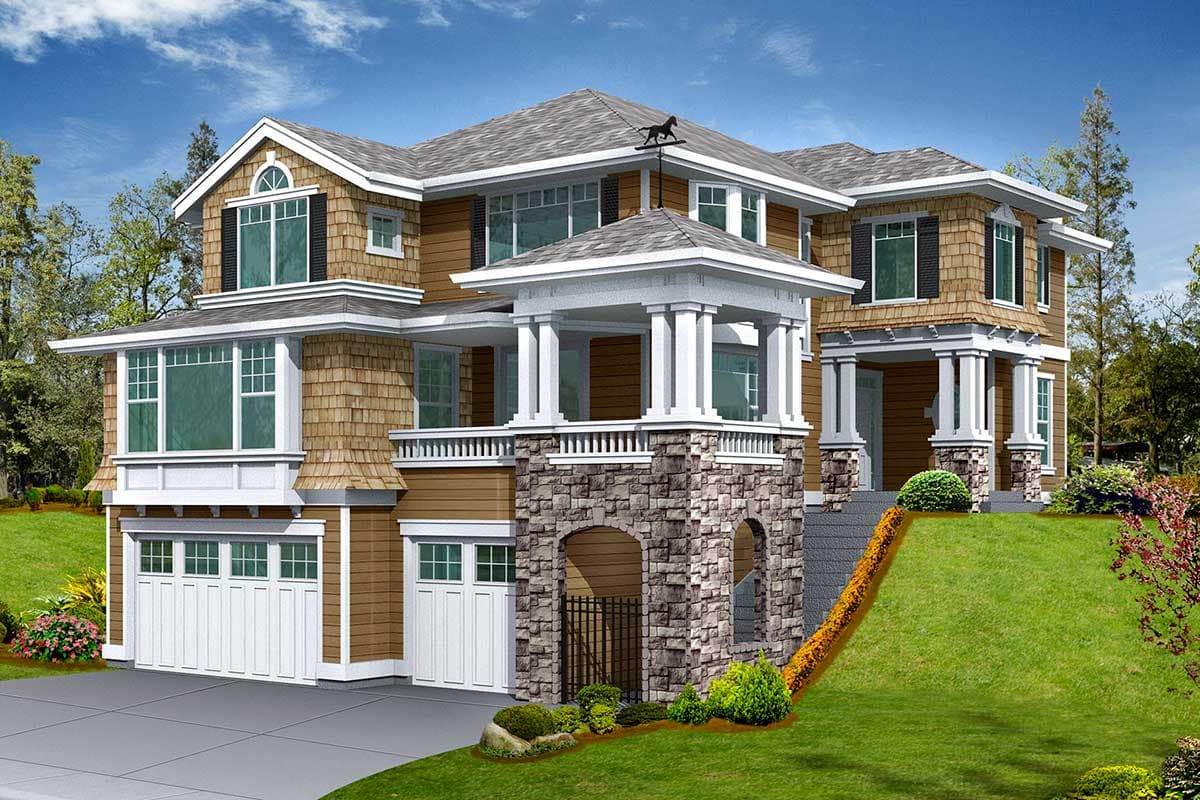 House plan exterior: two-story home with stone base, columned entry porch, dormers, shingle siding, and a three-car garage.